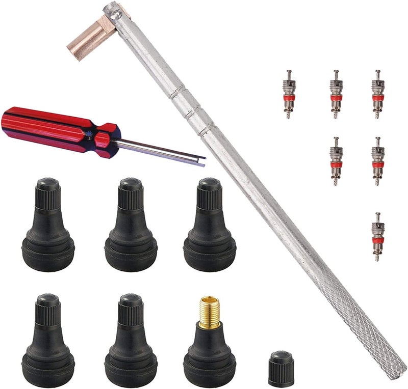 FEBRYTOLD Tire Valve Stem Tool Remover & Installation, 6 Pcs TR412 Snap-in Valve Stems with Valve Stem Cores, 1 Pcs Single Head Tire Valve Core Remover Installer Tool (14 Pcs) - Image 1