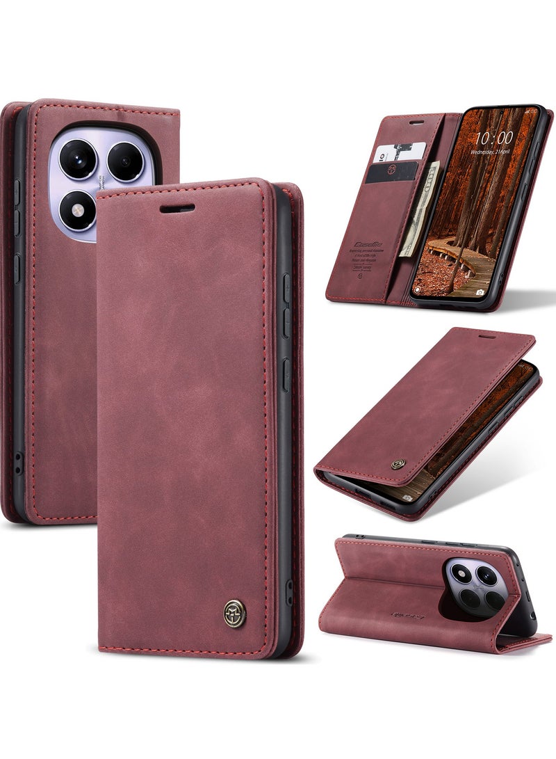 CaseMe Phone Case Luxury PU Leather Design 013 Flip Cover Card Slot Holder Cover For Redmi Note 14 Pro 4G  (WineRed) - Image 1