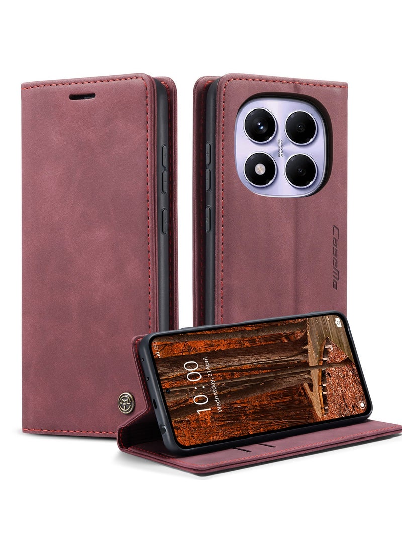 CaseMe Phone Case Luxury PU Leather Design 013 Flip Cover Card Slot Holder Cover For Redmi Note 14 Pro 4G  (WineRed) - Image 2