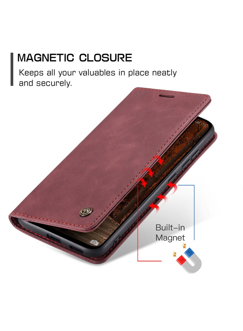 CaseMe Phone Case Luxury PU Leather Design 013 Flip Cover Card Slot Holder Cover For Redmi Note 14 Pro 4G  (WineRed) - Image 3
