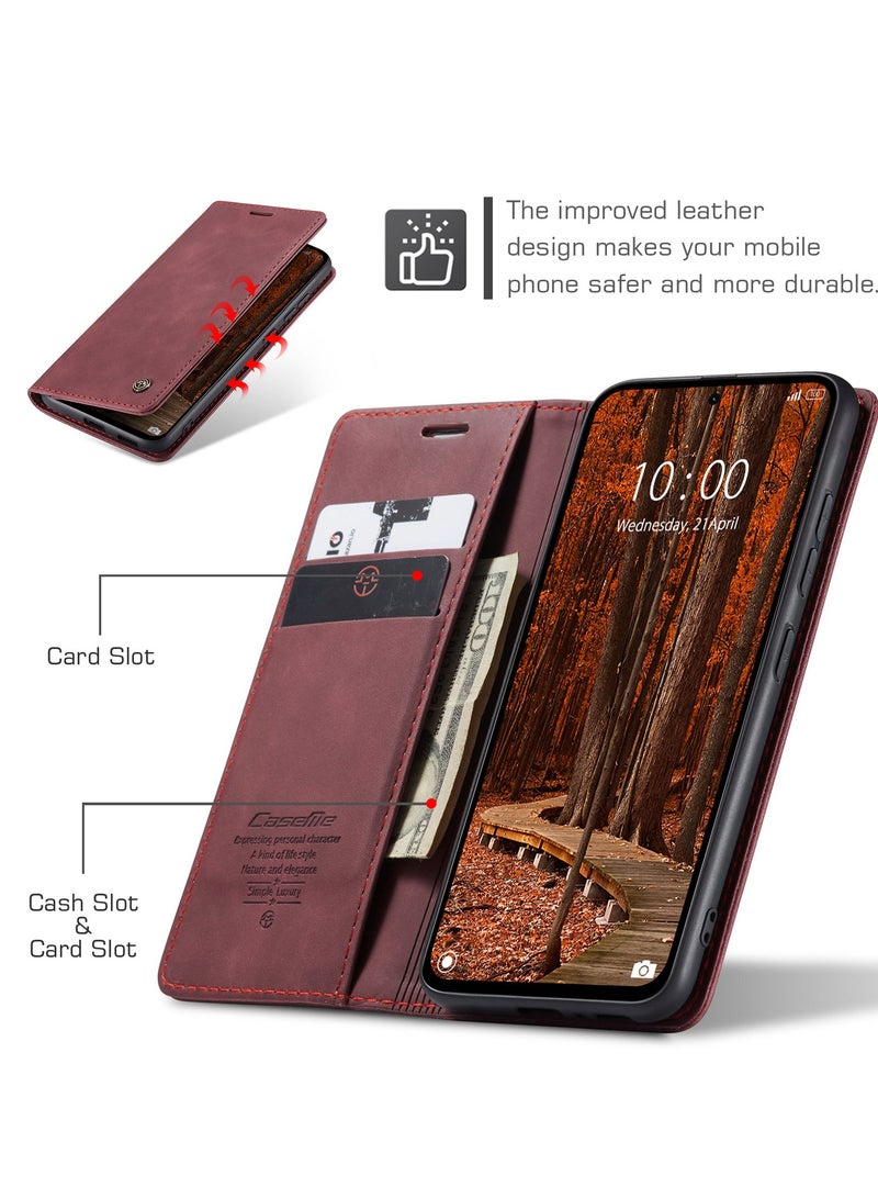 CaseMe Phone Case Luxury PU Leather Design 013 Flip Cover Card Slot Holder Cover For Redmi Note 14 Pro 4G  (WineRed) - Image 4