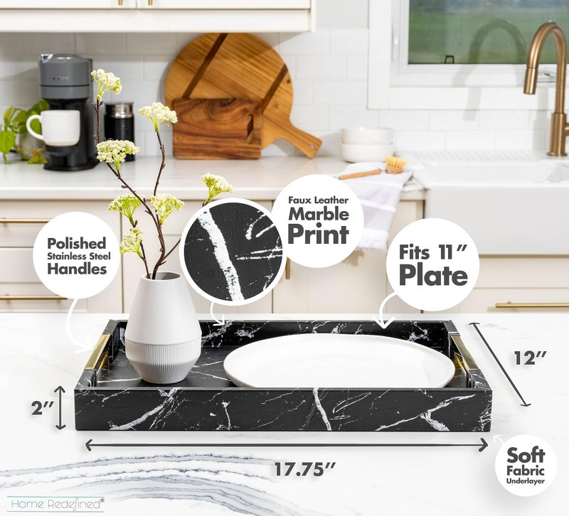 Home Redefined Modern Elegant 17.5"x12" Rectangle Black Marble Faux Leather Decorative Tray Ottoman Coffee Table Perfume Living Room Kitchen Serving Tray with Gold Polished Handles for All Occasion's - Image 3