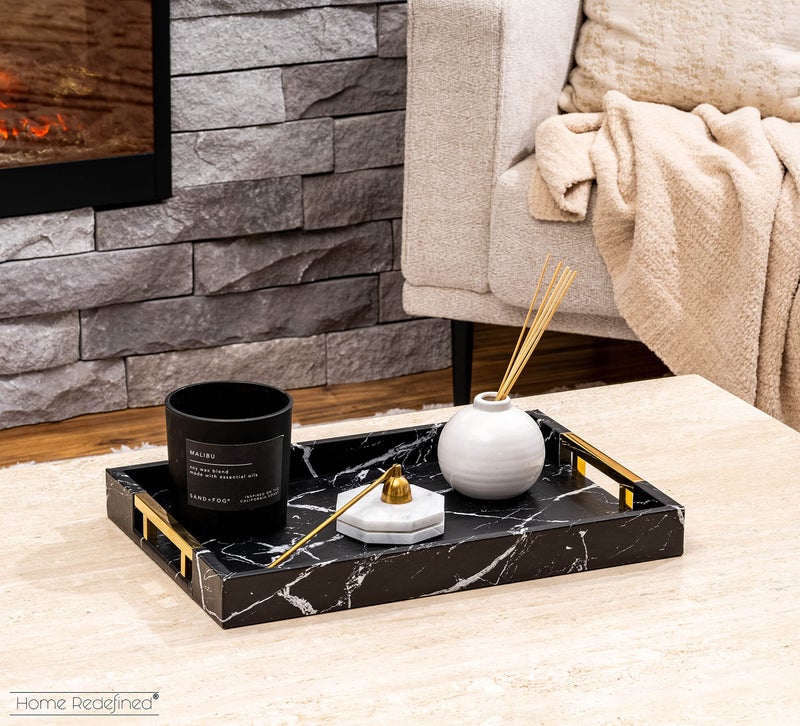 Home Redefined Modern Elegant 17.5"x12" Rectangle Black Marble Faux Leather Decorative Tray Ottoman Coffee Table Perfume Living Room Kitchen Serving Tray with Gold Polished Handles for All Occasion's - Image 2