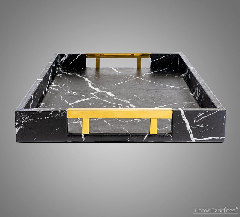 Home Redefined Modern Elegant 17.5"x12" Rectangle Black Marble Faux Leather Decorative Tray Ottoman Coffee Table Perfume Living Room Kitchen Serving Tray with Gold Polished Handles for All Occasion's - Image 4
