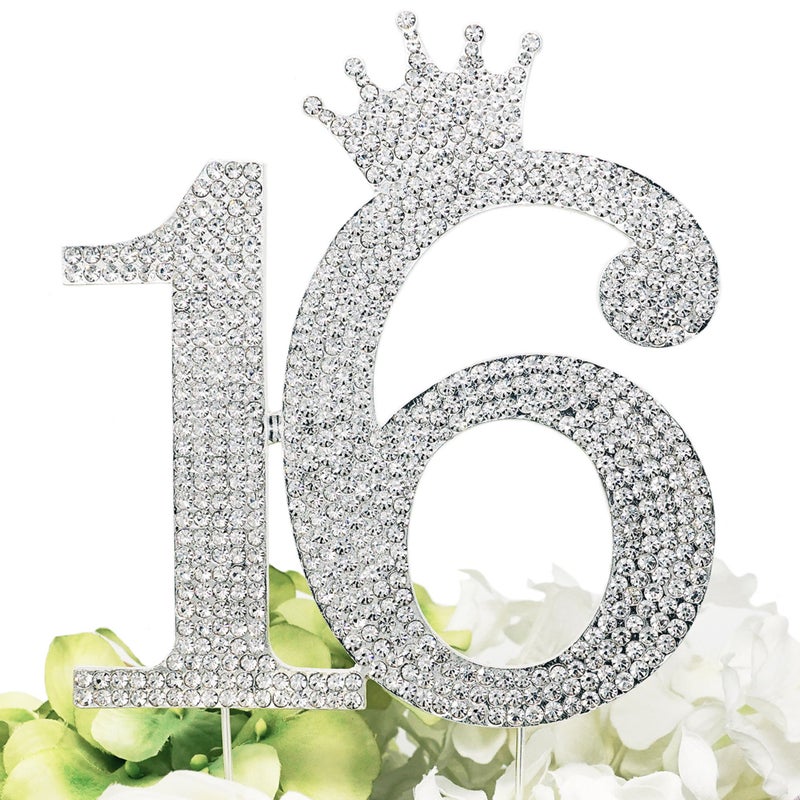 Chloe Elizabeth Number 16 Rhinestone Princess Crown Monogram Cake Topper  Sweet 16th Birthday Party Silver