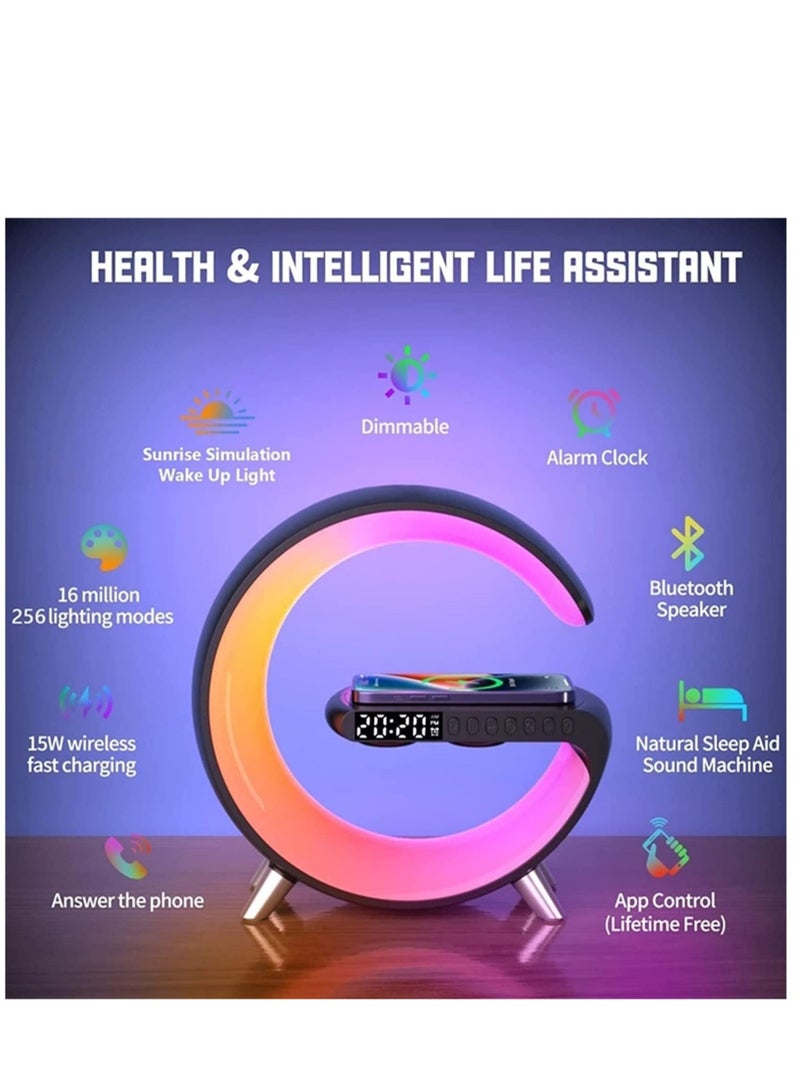 ELTRAZONE Wireless Charger Atmosphere Lamp, RGB Color Changing Mood Light with Time Display, 256 Modes and 16 Million Light Colors, Bluetooth Speaker Desk Lamp with Alarm Clock, Ideal Choice for Friends - Image 2