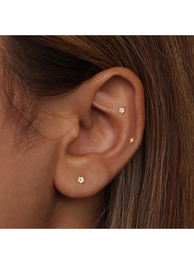 ShineRose Flat Back Stud Cartilage Tragus Helix Nose Piercing Earrings Jewelry For Women Conch Threadless 18G Titanium Surgical Steel Hypoallergenic 14K Gold plated CZ Silver Small Tiny Studs, Heart (6mm*1+8mm - Image 3