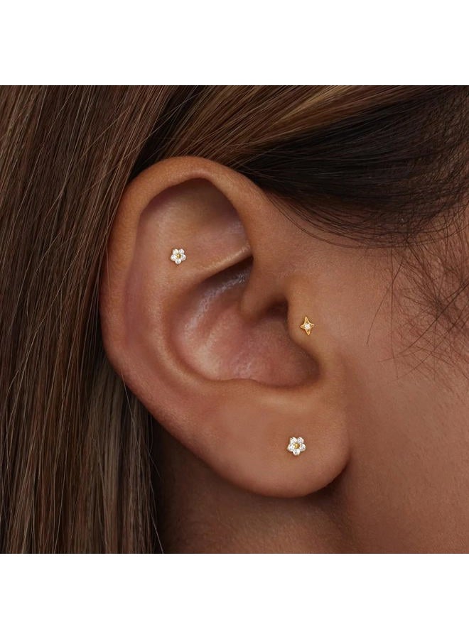 ShineRose Flat Back Stud Cartilage Tragus Helix Nose Piercing Earrings Jewelry For Women Conch Threadless 18G Titanium Surgical Steel Hypoallergenic 14K Gold plated CZ Silver Small Tiny Studs, Heart (6mm*1+8mm - Image 4