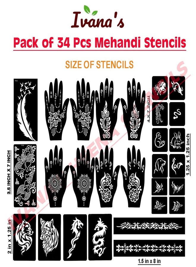 إيفاناز مجموعة إيفانا المكونة من 34 قطعة من قوالب الحناء القابلة لإعادة الاستخدام لليدين والمعصم والجسم والظهر والرقبة والوجه، عبوة كومبو من القوالب للنساء والفتيات والأطفال، سهلة الاستخدام في 4 خطوات فقط، مجموعة تصميم هندي، A2116 - Image 4