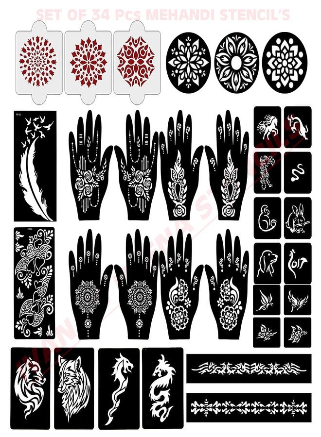 إيفاناز مجموعة إيفانا المكونة من 34 قطعة من قوالب الحناء القابلة لإعادة الاستخدام لليدين والمعصم والجسم والظهر والرقبة والوجه، عبوة كومبو من القوالب للنساء والفتيات والأطفال، سهلة الاستخدام في 4 خطوات فقط، مجموعة تصميم هندي، A2116 - Image 1