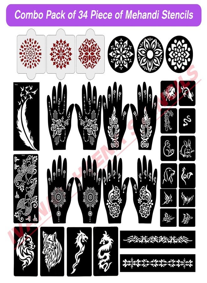 إيفاناز مجموعة إيفانا المكونة من 34 قطعة من قوالب الحناء القابلة لإعادة الاستخدام لليدين والمعصم والجسم والظهر والرقبة والوجه، عبوة كومبو من القوالب للنساء والفتيات والأطفال، سهلة الاستخدام في 4 خطوات فقط، مجموعة تصميم هندي، A2116 - Image 2