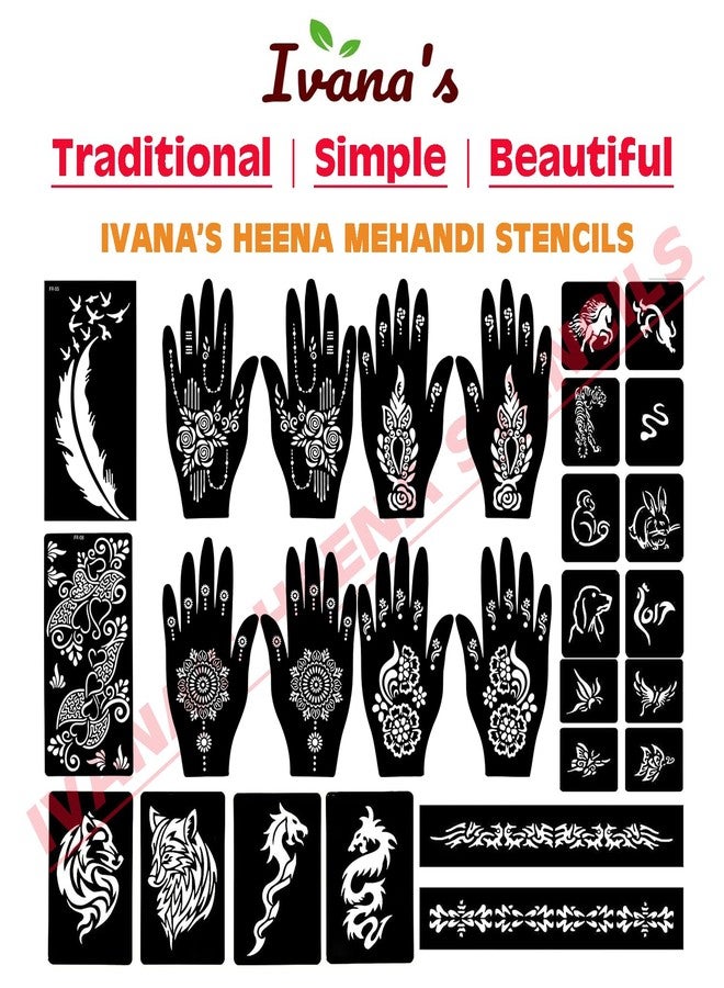 إيفاناز مجموعة إيفانا المكونة من 34 قطعة من قوالب الحناء القابلة لإعادة الاستخدام لليدين والمعصم والجسم والظهر والرقبة والوجه، عبوة كومبو من القوالب للنساء والفتيات والأطفال، سهلة الاستخدام في 4 خطوات فقط، مجموعة تصميم هندي، A2116 - Image 5