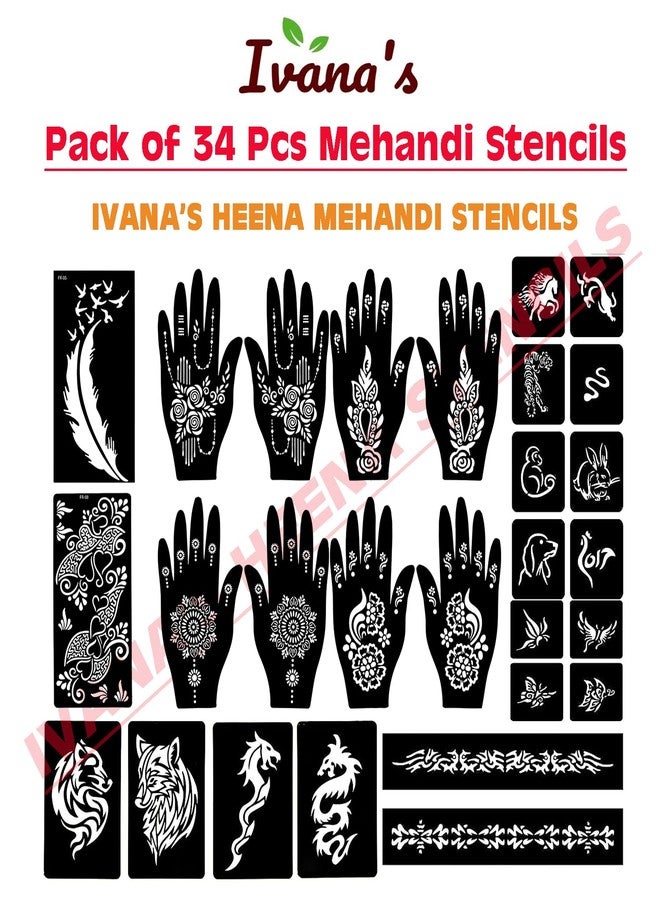 إيفاناز مجموعة إيفانا المكونة من 34 قطعة من قوالب الحناء القابلة لإعادة الاستخدام لليدين والمعصم والجسم والظهر والرقبة والوجه، عبوة كومبو من القوالب للنساء والفتيات والأطفال، سهلة الاستخدام في 4 خطوات فقط، مجموعة تصميم هندي، A2116 - Image 3