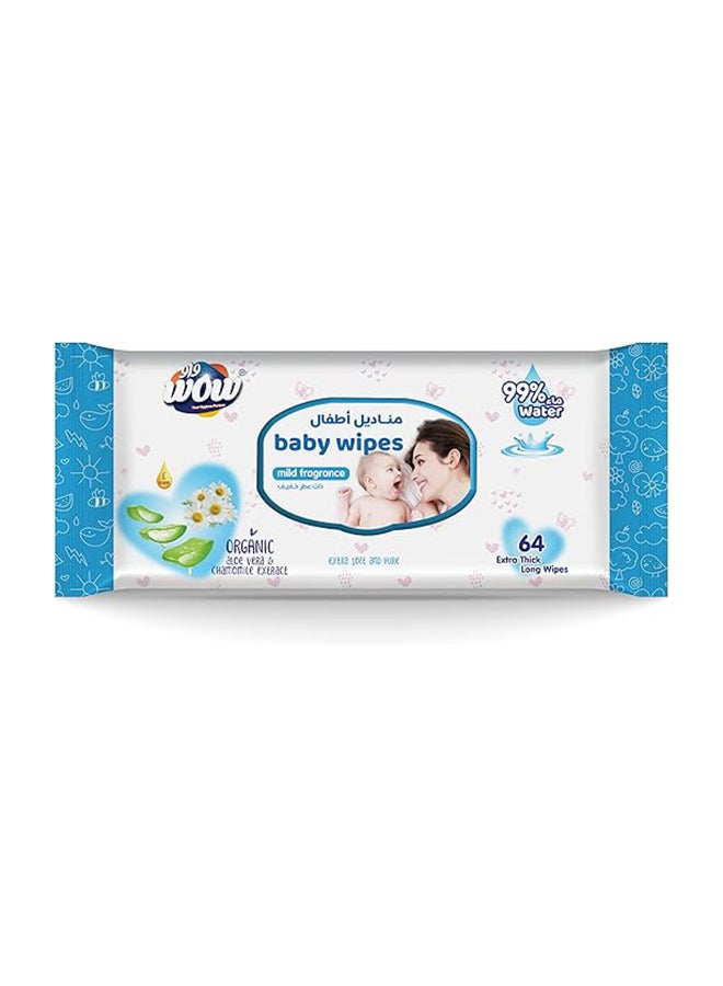 WOW Baby Wipes - Mild Fragrance  99% Water Wipes | Extra Thick Long Wipes with Organic Aloe Vera, Chamomile Extract and Vitamin E, Gentle on sensitive skin| 64's Single Pack