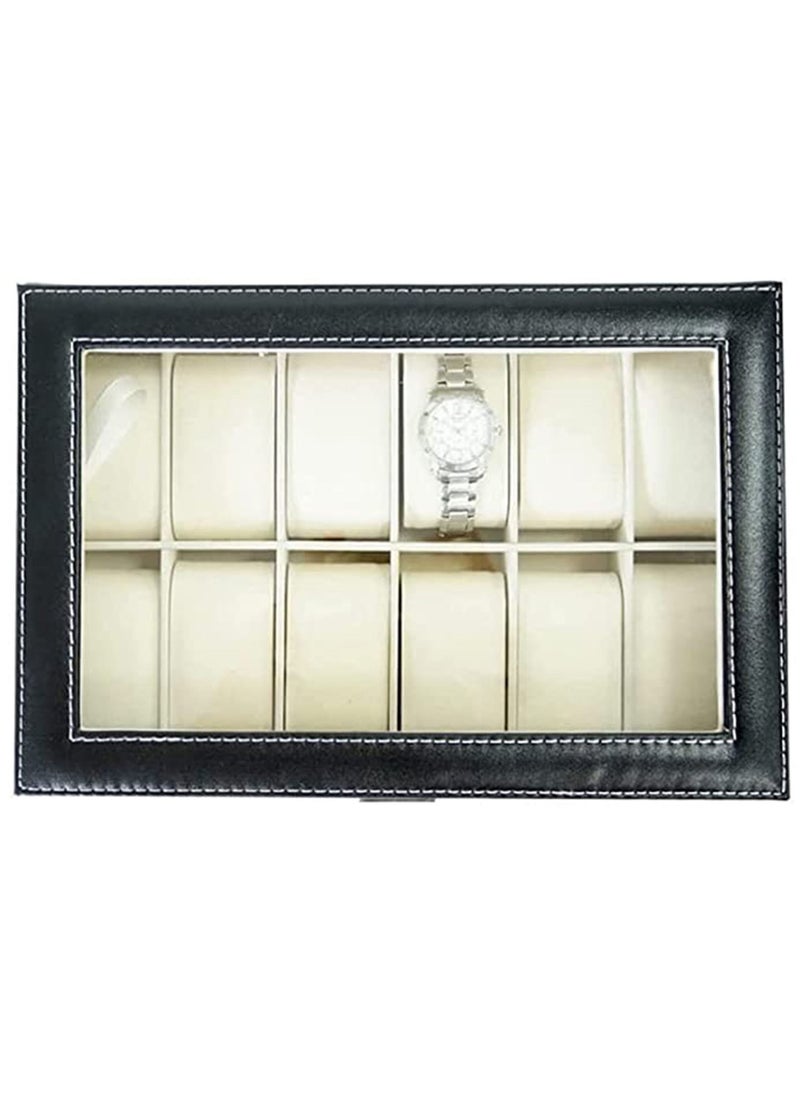 Arabest - 12 Slot Watch Organizer Watch Display Case Organizer With Glass Lid, Watch Box Organizer For Men, Women，Black PU Leather Jewelry Box - Image 1