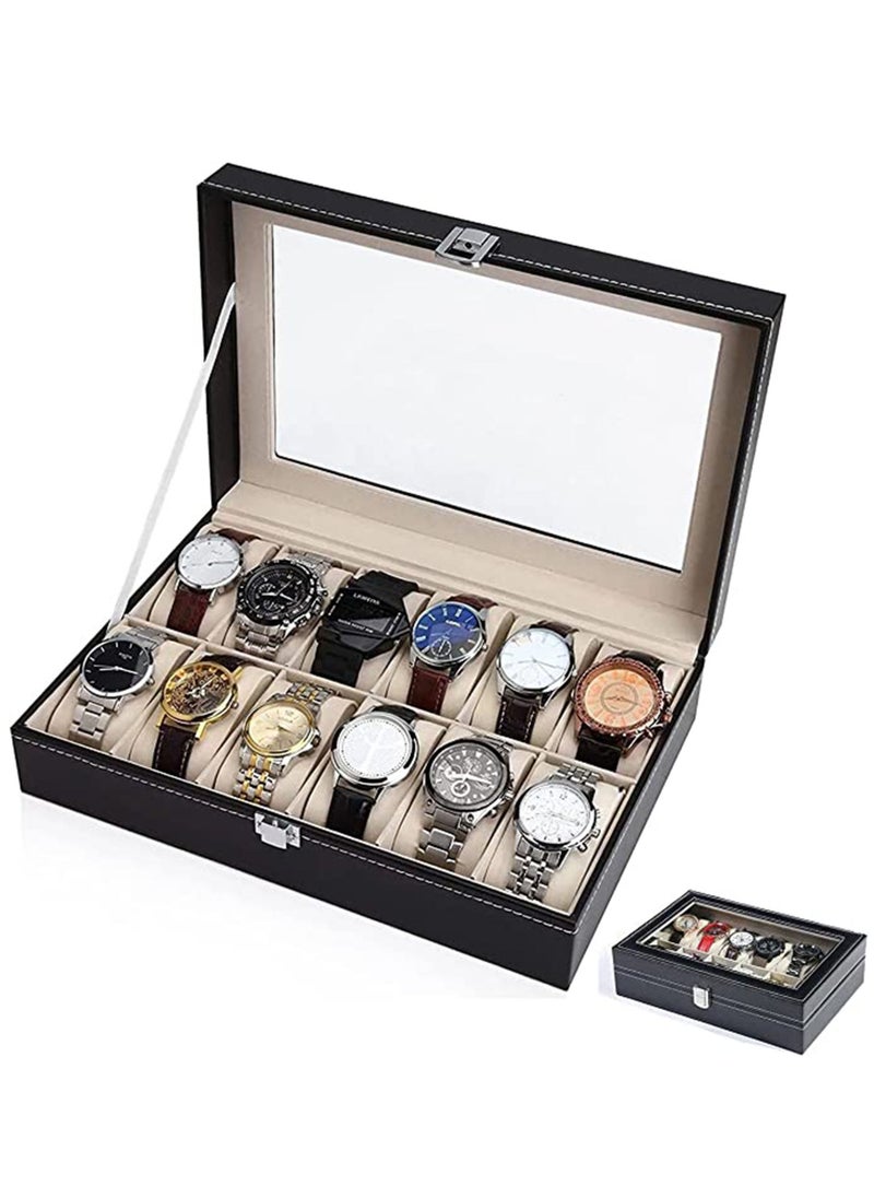 Arabest - 12 Slot Watch Organizer Watch Display Case Organizer With Glass Lid, Watch Box Organizer For Men, Women，Black PU Leather Jewelry Box - Image 1