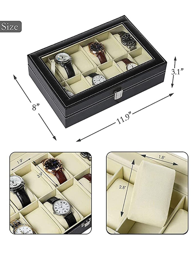 Arabest - 12 Slot Watch Organizer Watch Display Case Organizer With Glass Lid, Watch Box Organizer For Men, Women，Black PU Leather Jewelry Box - Image 1
