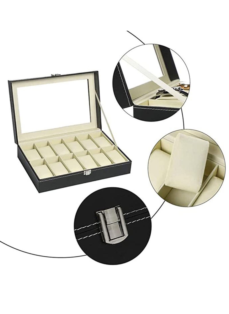 Arabest - 12 Slot Watch Organizer Watch Display Case Organizer With Glass Lid, Watch Box Organizer For Men, Women，Black PU Leather Jewelry Box - Image 1