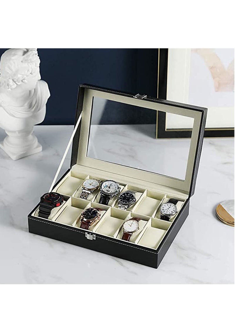 Arabest - 12 Slot Watch Organizer Watch Display Case Organizer With Glass Lid, Watch Box Organizer For Men, Women，Black PU Leather Jewelry Box - Image 1