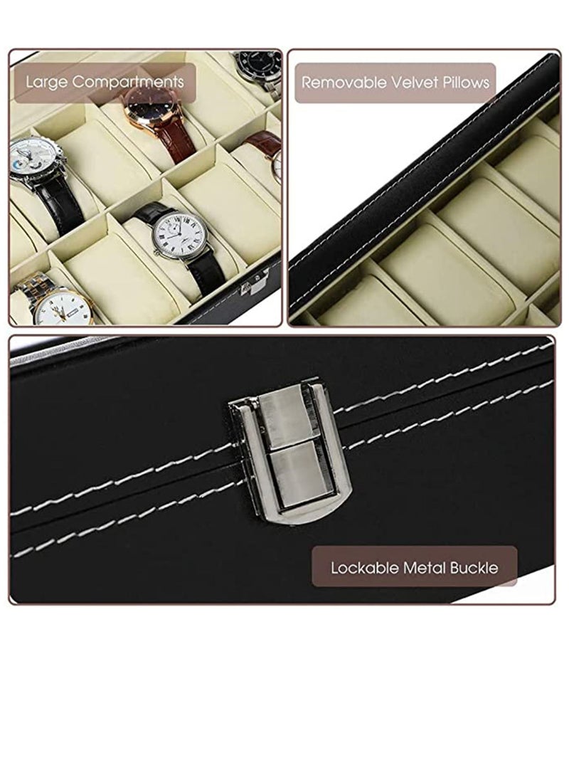 Arabest - 12 Slot Watch Organizer Watch Display Case Organizer With Glass Lid, Watch Box Organizer For Men, Women，Black PU Leather Jewelry Box - Image 1