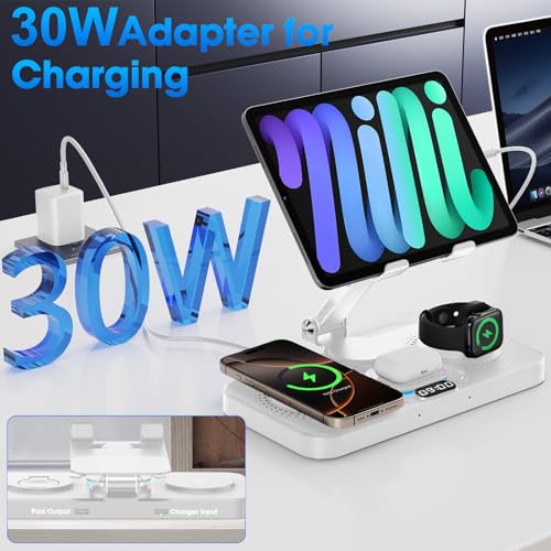 KOPIDOE 6 in 1 Wireless Charger for Apple Device, 30W Foldable Wired Charging for ipad with Clock & 7 Color Ambient Light, Nightstand Charger Station for iPhone 17 - Image 3