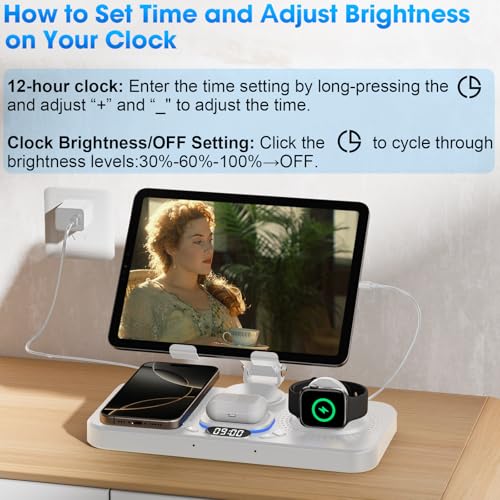 KOPIDOE 6 in 1 Wireless Charger for Apple Device, 30W Foldable Wired Charging for ipad with Clock & 7 Color Ambient Light, Nightstand Charger Station for iPhone 17 - Image 5