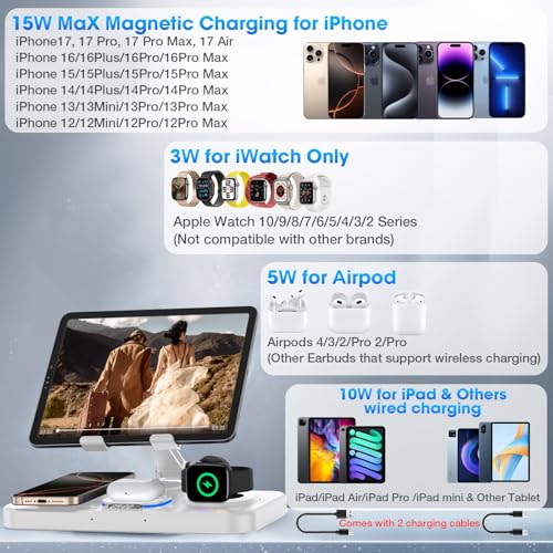 KOPIDOE 6 in 1 Wireless Charger for Apple Device, 30W Foldable Wired Charging for ipad with Clock & 7 Color Ambient Light, Nightstand Charger Station for iPhone 17 - Image 2