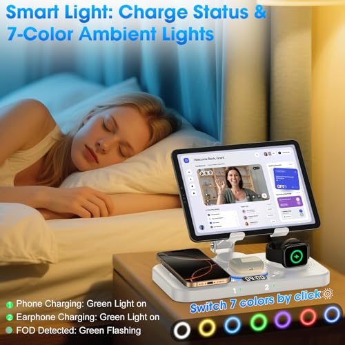 KOPIDOE 6 in 1 Wireless Charger for Apple Device, 30W Foldable Wired Charging for ipad with Clock & 7 Color Ambient Light, Nightstand Charger Station for iPhone 17 - Image 4