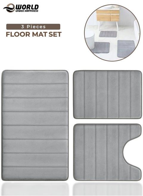 3-Piece Bathroom Rug Set, Floor Mat with Memory Foam, Non-Slip, Extra Soft and Absorbent, Machine Washable Pedestal Mat Set for Bathroom, Vanity and Guest Suite, Grey