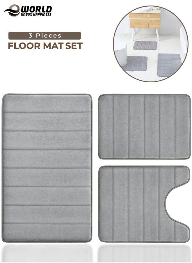 Eworld - 3-Piece Bathroom Rug Set, Floor Mat with Memory Foam, Non-Slip, Extra Soft and Absorbent, Machine Washable Pedestal Mat Set for Bathroom, Vanity and Guest Suite, Grey - Image 1