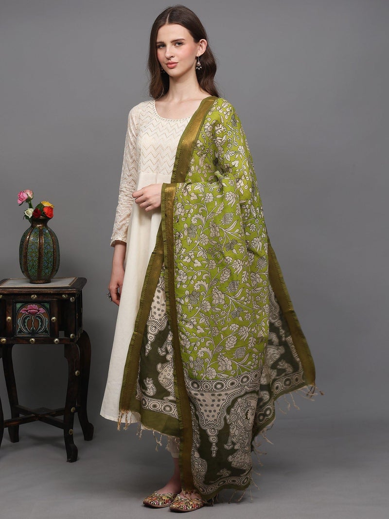Exotic India Women Cotton Silk Kalamkari Dupatta with Lord Ganesha Printed and Floral Motifs Zari Border | Beautiful Flower Leaf Design Stole, Chunni For Girl - Image 3