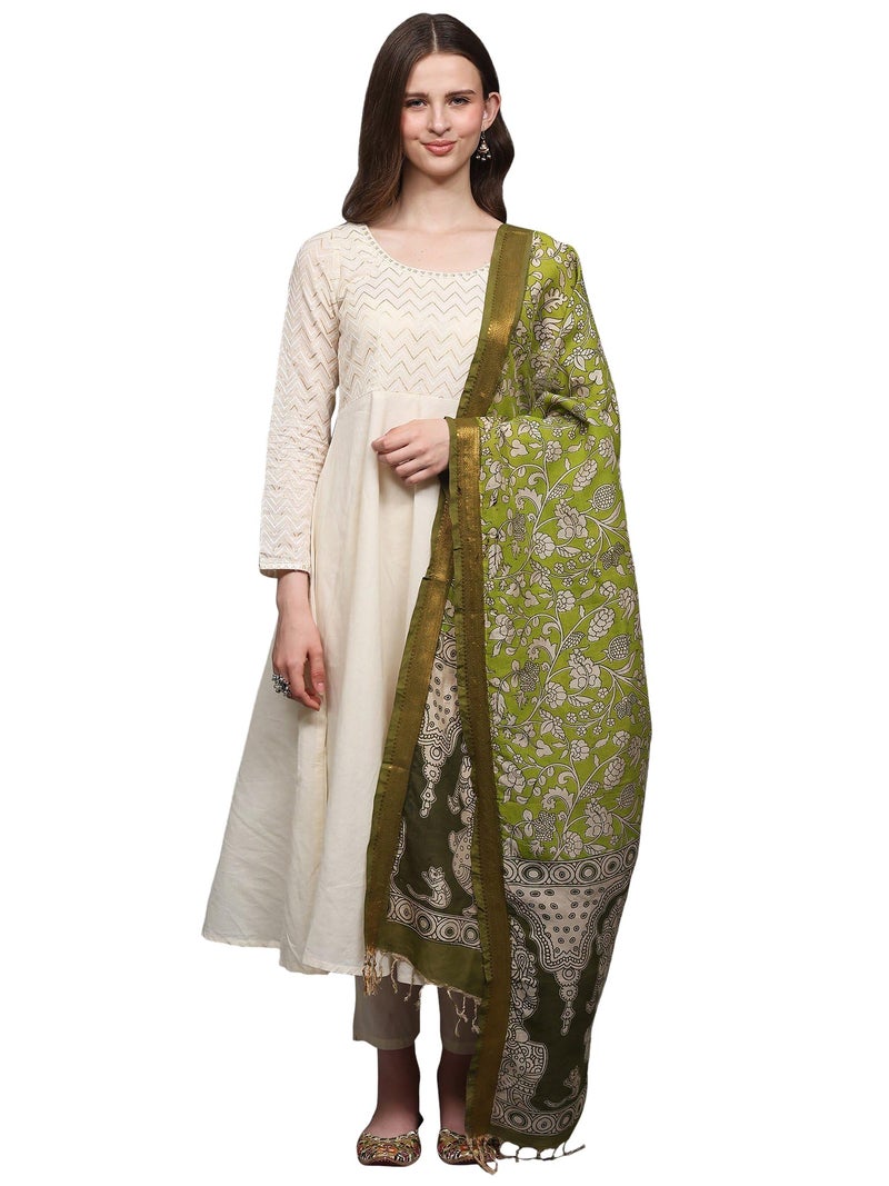 Exotic India Women Cotton Silk Kalamkari Dupatta with Lord Ganesha Printed and Floral Motifs Zari Border | Beautiful Flower Leaf Design Stole, Chunni For Girl - Image 1