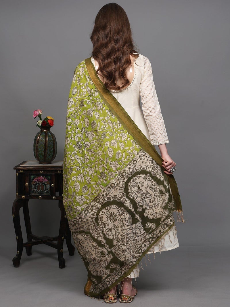 Exotic India Women Cotton Silk Kalamkari Dupatta with Lord Ganesha Printed and Floral Motifs Zari Border | Beautiful Flower Leaf Design Stole, Chunni For Girl - Image 4