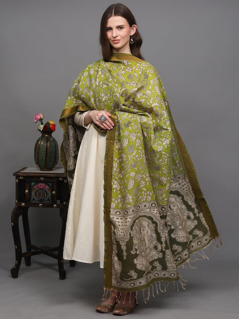 Exotic India Women Cotton Silk Kalamkari Dupatta with Lord Ganesha Printed and Floral Motifs Zari Border | Beautiful Flower Leaf Design Stole, Chunni For Girl - Image 2