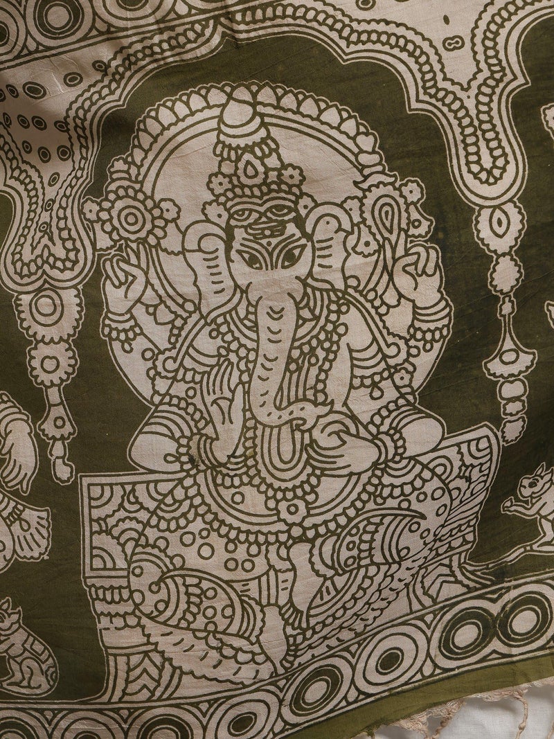 Exotic India Women Cotton Silk Kalamkari Dupatta with Lord Ganesha Printed and Floral Motifs Zari Border | Beautiful Flower Leaf Design Stole, Chunni For Girl - Image 5