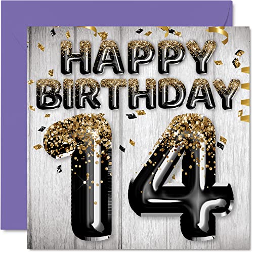 Stuff4 14th Birthday Card for Boys - Black & Gold Glitter Balloons - Happy Birthday Cards for 14 Year Old Boy Son Brother Grandson Cousin, 5.7 x 5.7 Inch Fourteen Fourteenth Greeting Cards Gift - Image 1