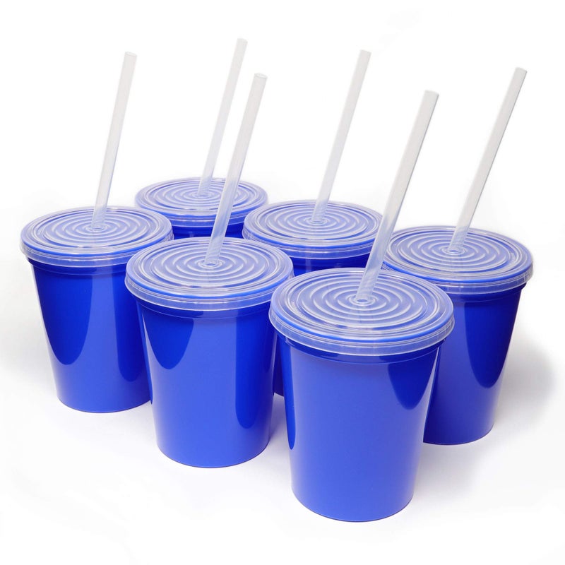 Rolling Sands 16 Oz Reusable Plastic Stadium Cups with Lids 6 Pack USA Made Plastic Tumblers and Lids Includes 6 Reusable Straws Dishwasher Safe Blue