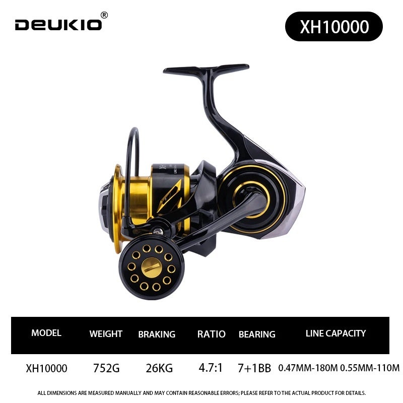 Deukio 26KG Max Drag Spinning Reel 8000, Dual Guide Rod Stabilization System, 7+1BB 4.7:1 Gear Ratio Saltwater Big Game Reel, XH10000 - Image 1
