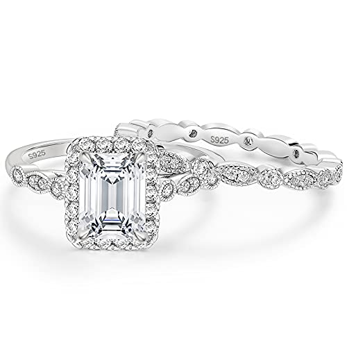 EAMTI 2CT 925 Sterling Silver Bridal Ring Sets Emerald Cut CZ Engagement Rings Vintage Promise Rings Marquise Wedding Bands for Women Size 5 - Image 1