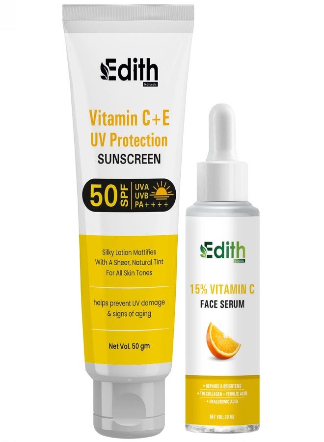 EDITH واقي الشمس إديث بفيتامين سي وإي مع عامل حماية من الأشعة فوق البنفسجية SPF 50، لوشن حريري مطفي بلون طبيعي، 50 غرام مع سيروم للوجه بفيتامين سي بنسبة 15%، 30 مل - Image 1