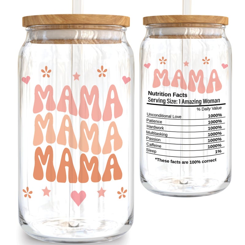 KLUBI Mama Gifts for Mothers Day from Daughter  Mom Glass Tumbler 16 Ounce Mama Cups Tumbler with Straw  Birthday Gift for Mom Iced Coffee Glass Nutritional Facts