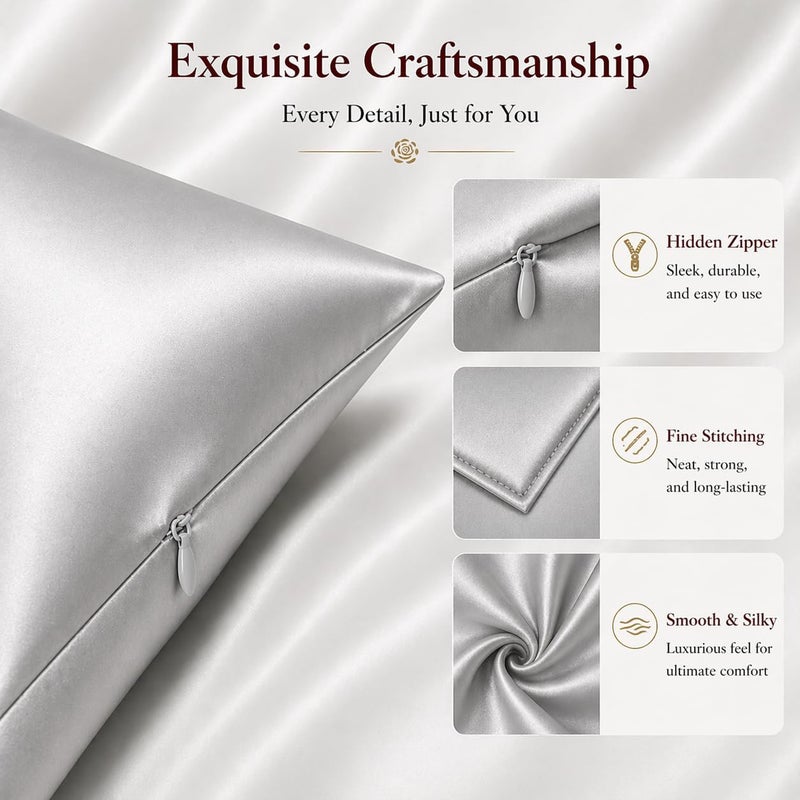 ROSEWARD Gray Mulberry Silk Pillowcase King Size for Beauty Sleep - 22 Momme Hypoallergenic Silk Pillowcase for Hair and Skin, Silk Zippered Pillowcase, Pure Silk King Pillow Cases,1 Pc 20"x36" (King, Grey) - Image 4