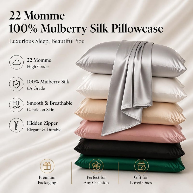 ROSEWARD Gray Mulberry Silk Pillowcase King Size for Beauty Sleep - 22 Momme Hypoallergenic Silk Pillowcase for Hair and Skin, Silk Zippered Pillowcase, Pure Silk King Pillow Cases,1 Pc 20"x36" (King, Grey) - Image 2