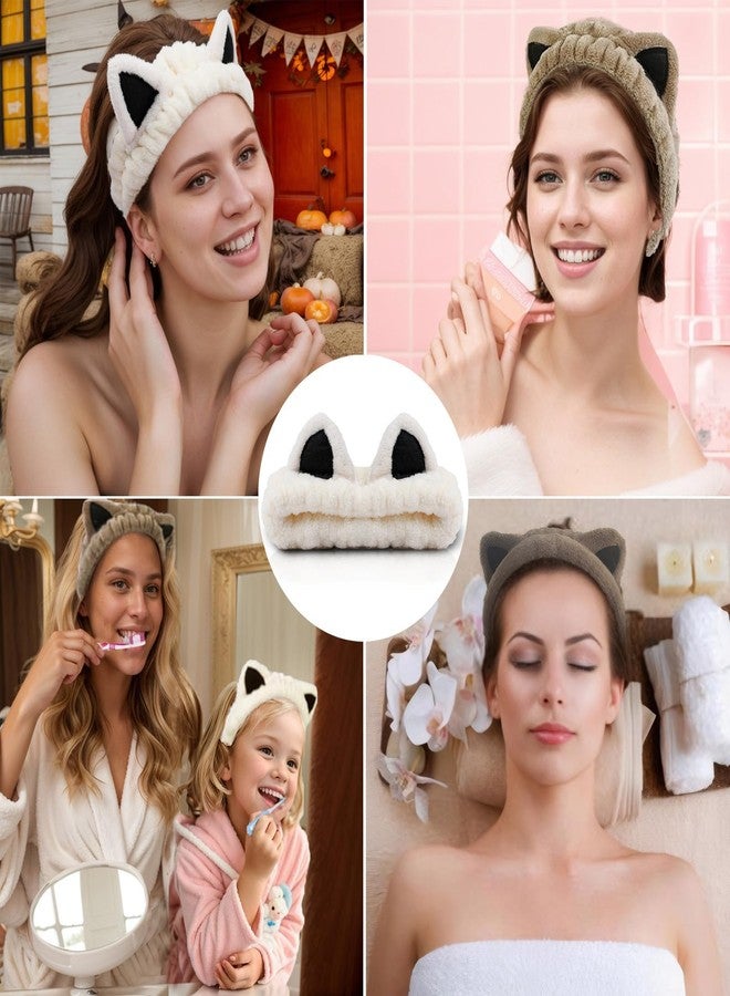 TARINI 2Pcs Cat Ears Headband, Cute Beige Khaki Spa Headbands for Women Girls, Soft Stretchy Hair Accessories for Washing Face Skincare Makeup Birthday Party Gifts - Image 5