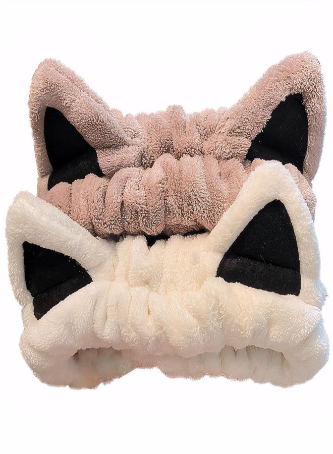 TARINI 2Pcs Cat Ears Headband, Cute Beige Khaki Spa Headbands for Women Girls, Soft Stretchy Hair Accessories for Washing Face Skincare Makeup Birthday Party Gifts - Image 1