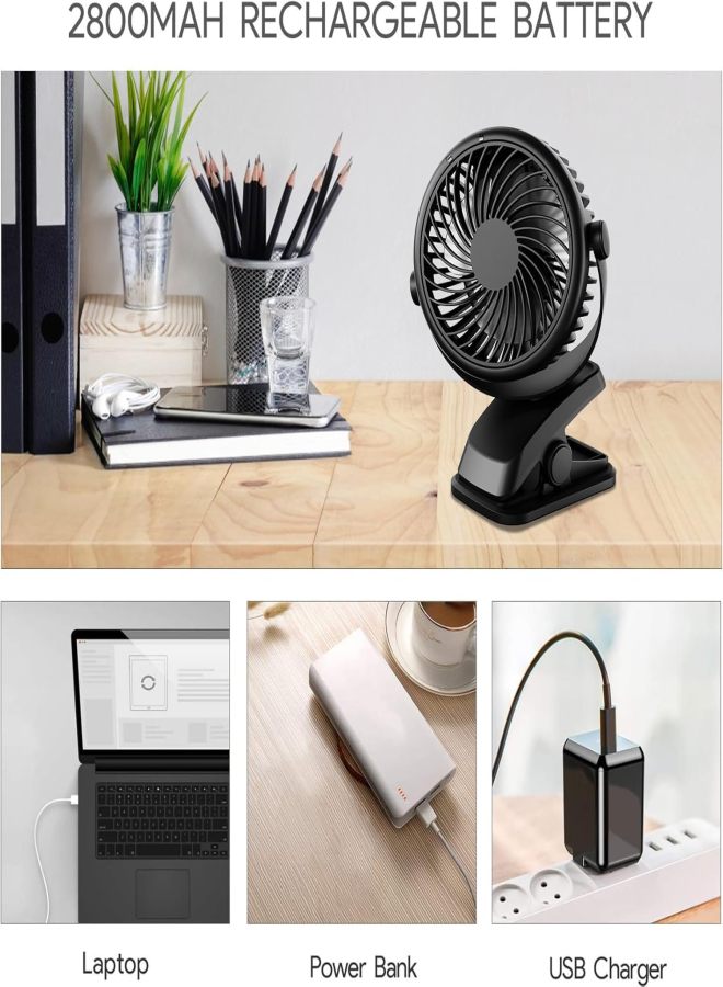 Mini USB Fan, Portable Clip-on Desk Fan, 2800 mAh Rechargeable Battery, 3 Speed ​​Settings, 360° Rotation, Silent Desk Fan—Compact for Bedroom, Office, and Strollers - Image 4