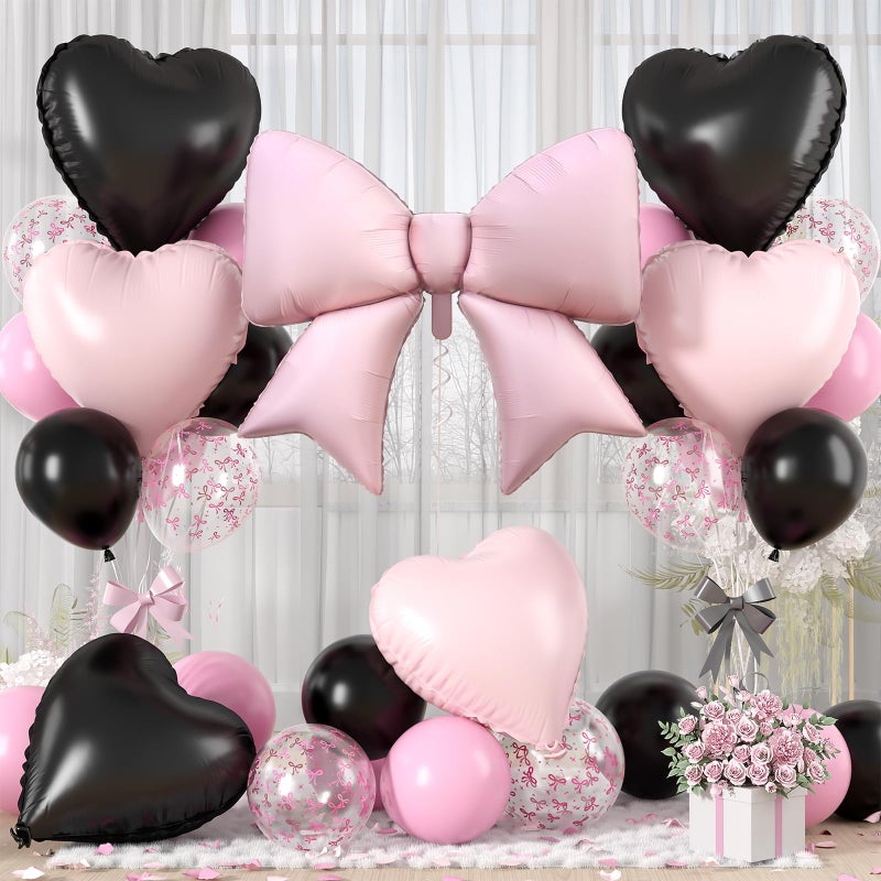 Vibzox Pink Bow Foil BalloonsLight Pink Black Heart Foil Balloons and Bow Print Balloons for Women Birthday Baby Shower Valentines Day Party Decorations - Image 3