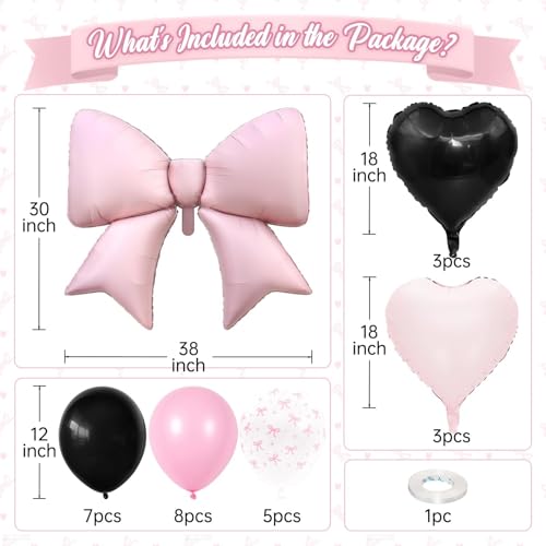 Vibzox Pink Bow Foil BalloonsLight Pink Black Heart Foil Balloons and Bow Print Balloons for Women Birthday Baby Shower Valentines Day Party Decorations - Image 5
