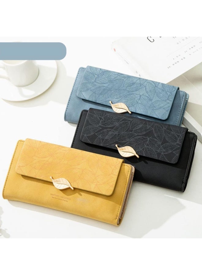 Bukela Women's RFID Long Wallet with Multiple Card Slots, PU Leather Leaf Pattern Purse, Blue - Image 2