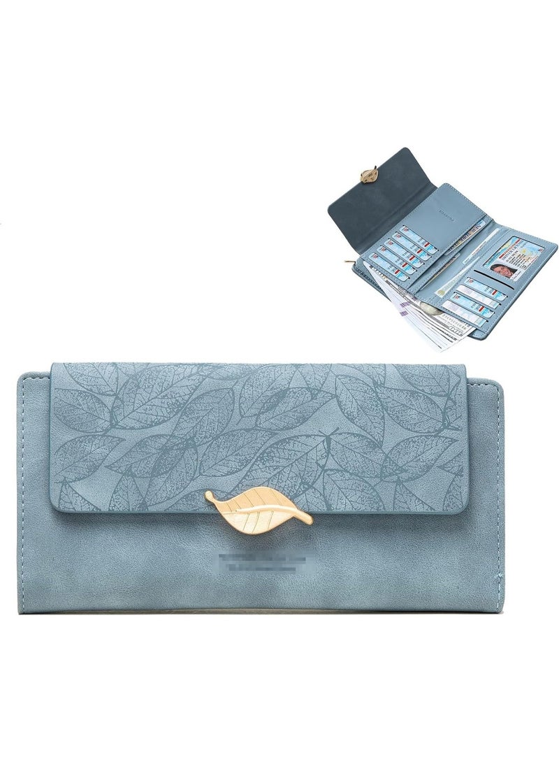 Bukela Women's RFID Long Wallet with Multiple Card Slots, PU Leather Leaf Pattern Purse, Blue - Image 1